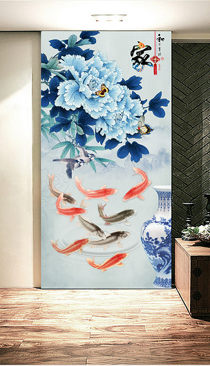 原创中式青花瓷蓝色牡丹花鸟竹子九鱼玄关背景墙装饰画