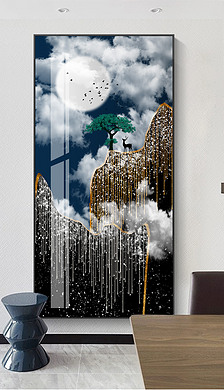 新中式抽象连绵群山雪山森林美丽月亮玄关装饰画