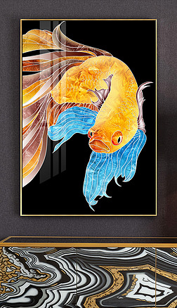 珐琅彩金色发财鱼玄关客厅轻奢装饰画