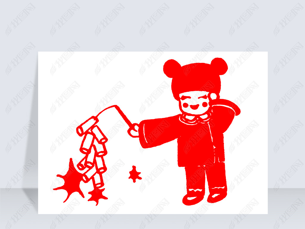 过年娃娃放鞭炮剪纸png