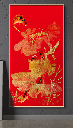 新中式红色喜庆铂金金色荷花鲤鱼五福临门玄关装饰画壁画挂画背景墙