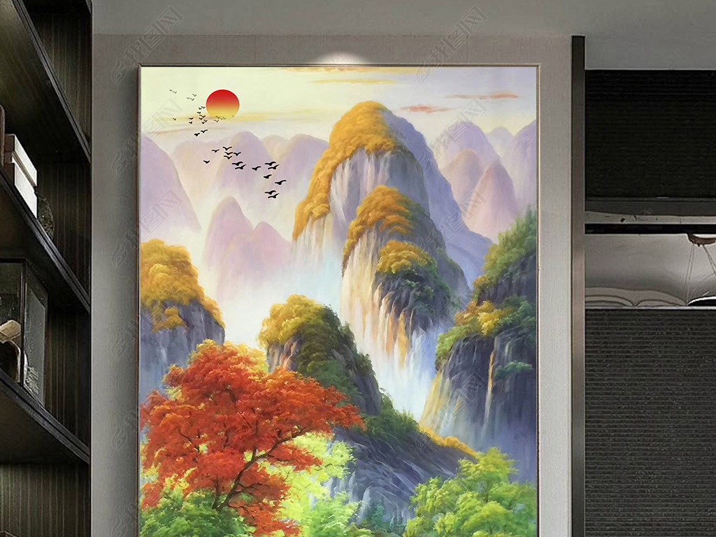 旭日东升山水风景流水意境油画装饰画背景墙玄关画