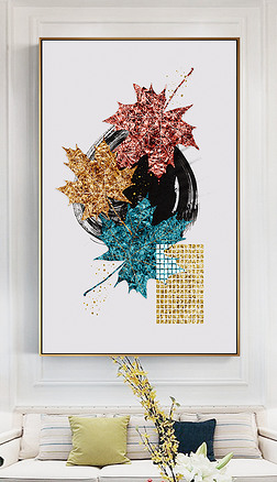 原创现代简约珐琅彩叶子抽象水墨晶瓷画客厅装饰画