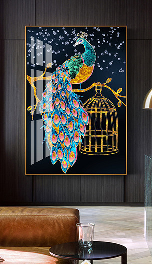 新中式现代珐琅彩工艺钻石孔雀树枝晶瓷画装饰画