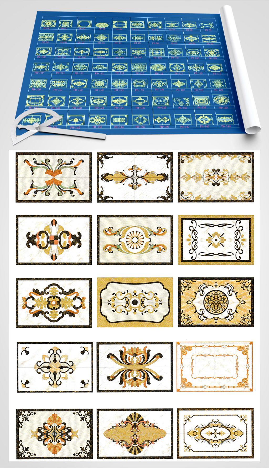 长方形大理石瓷砖水刀拼花图案cad图库