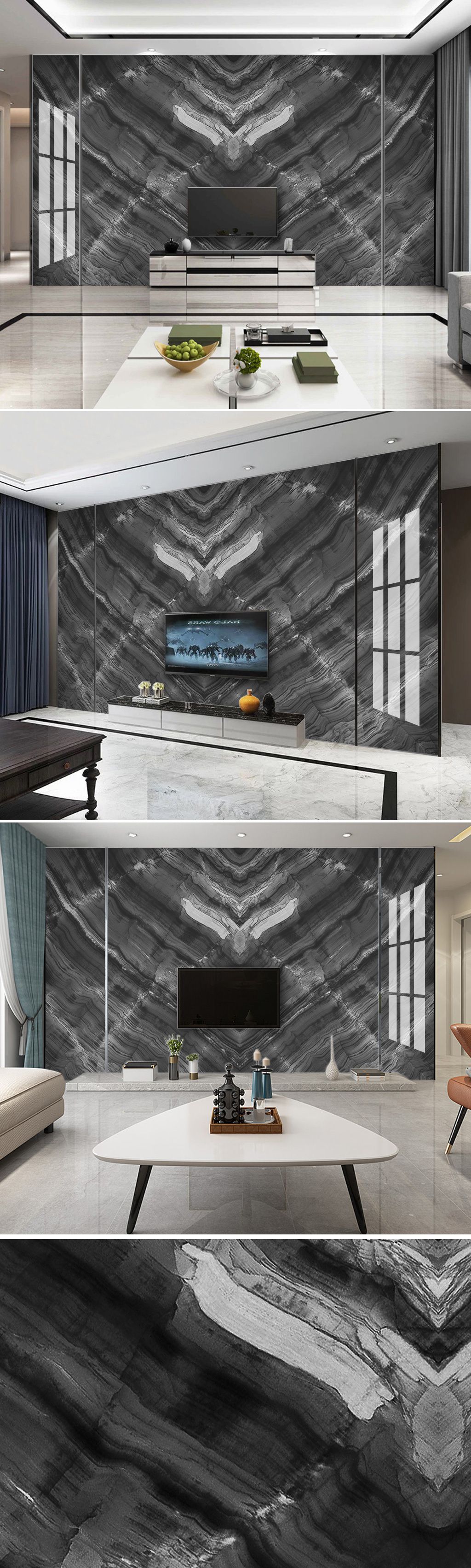 大气高级黑白灰石材拼大理石背景墙