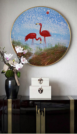 山水火烈鸟圆形装饰油画