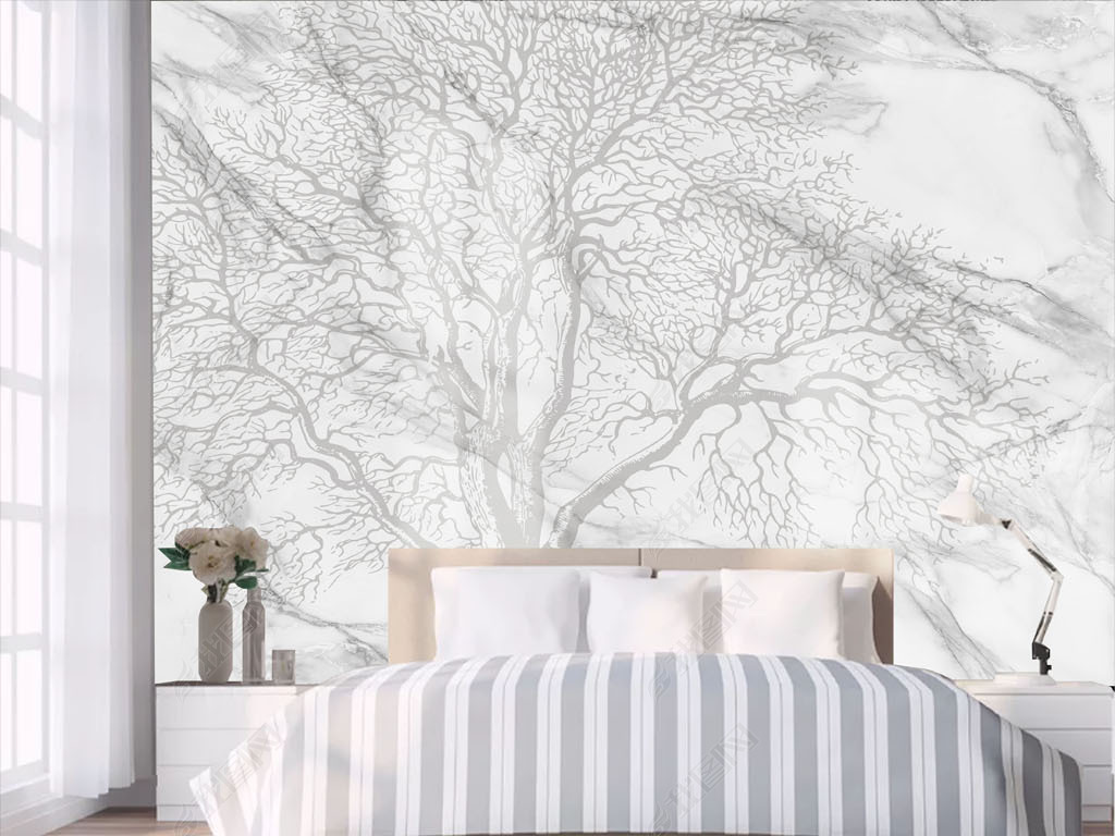 手绘唯美大理石树枝背景墙