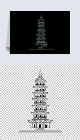 原创国潮风新中式中国风古建筑南昌绳金塔景点建筑插画线稿素材免扣