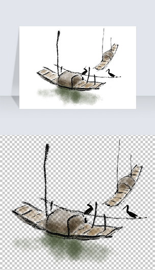 中国风水墨船江上古风小船png免扣素材