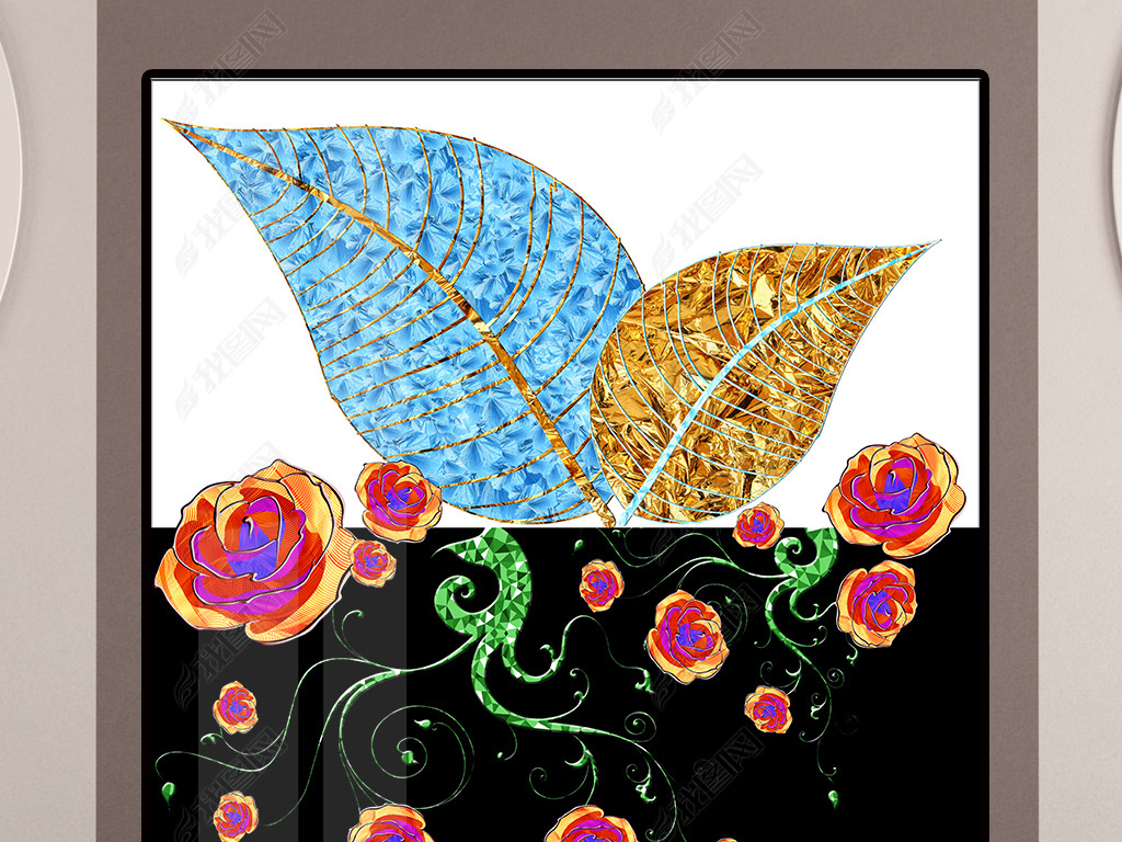 树叶叶子线条玫瑰花珐琅彩玻璃晶瓷装饰画