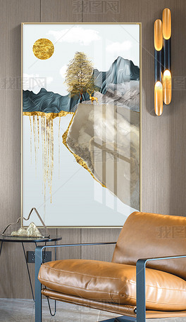 新中式山水玄关抽象鎏金麋鹿山水装饰画