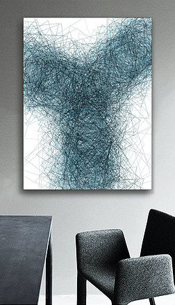 靛蓝黑色の铁丝线聚合欧美工业风抽象装饰画