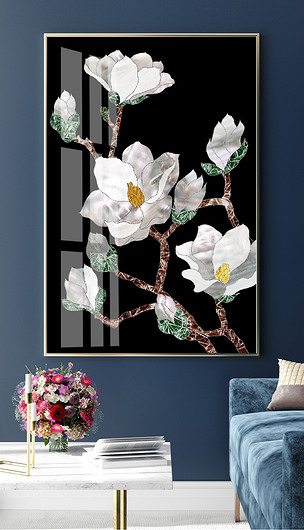 现代轻奢手绘抽象花卉珐琅彩客厅装饰画