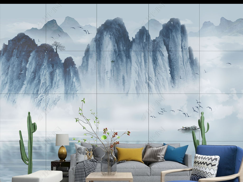 新中式水墨意境山水背景墙装饰画