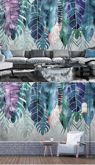 北欧手绘热带植物水彩叶子小清新电视沙发背景墙