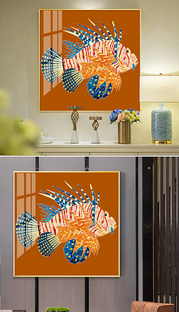 现代简约抽象手绘海洋金鱼珐琅彩景泰蓝轻奢装饰画