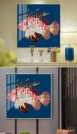 现代简约抽象手绘海洋金鱼珐琅彩景泰蓝轻奢装饰画2