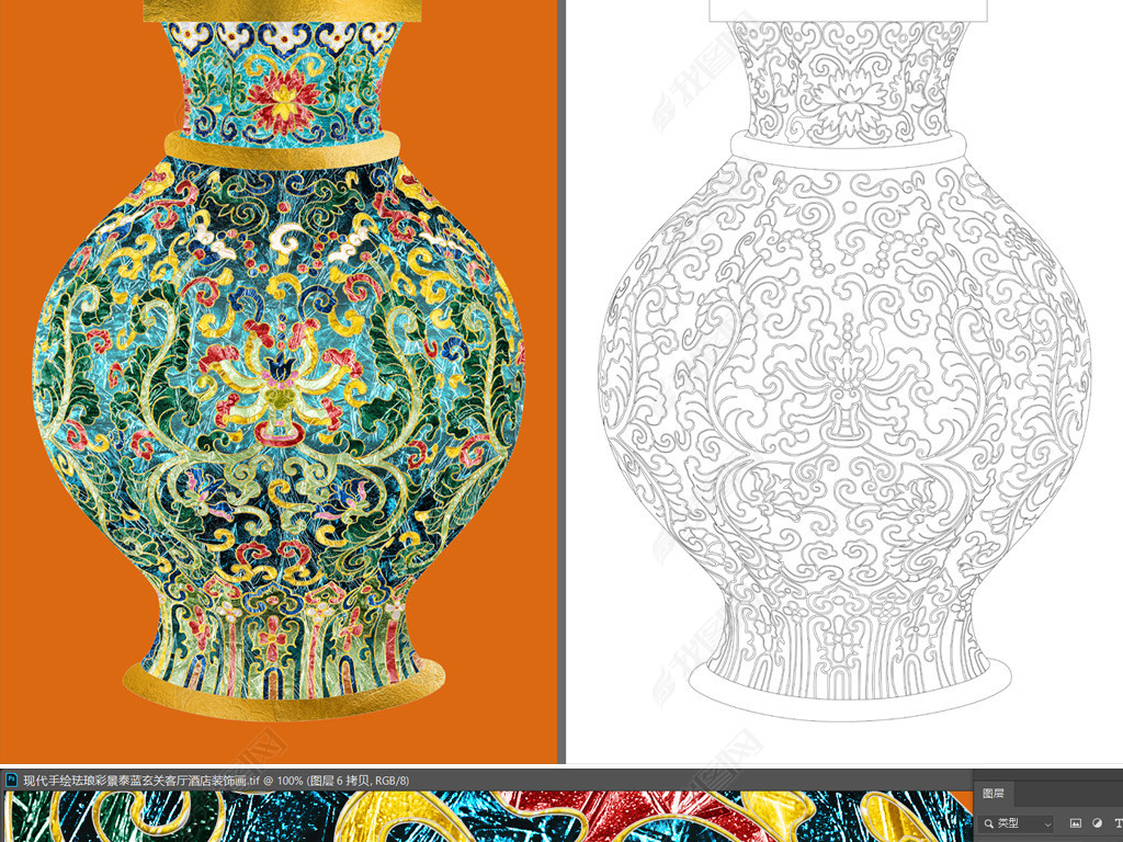 现代奢华艺术手绘珐琅彩景泰蓝酒店玄关装饰画