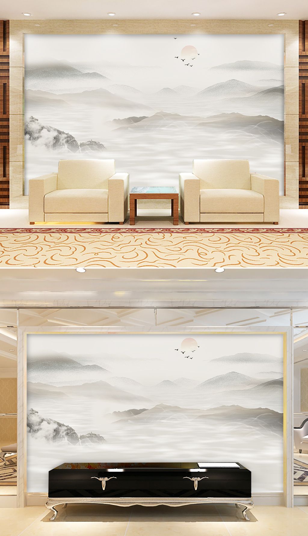 水墨新中式背景墙日出流水下载-编号23171653-中式电视背景墙-我图网