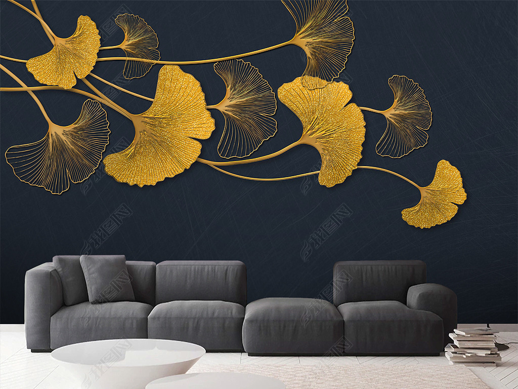 原创现代轻奢金色浮雕线条银杏叶北欧背景墙壁纸
