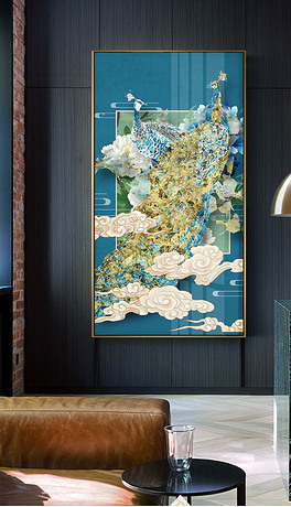 珐琅彩国潮流祥云孔雀轻奢玄关晶瓷画装饰画