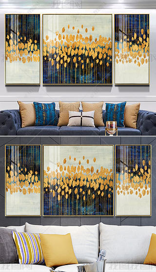 创意抽象金色跳舞星星油画三联客厅装饰画