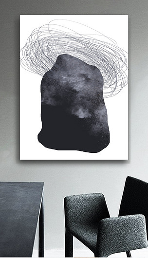 原创黑色石头思考者头发黑白意境新中式装饰画版权可商用