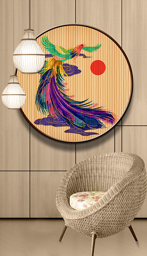 原创新中式抽象手绘七彩凤凰竹编圆形装饰画版权可商用