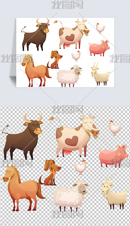 矢量卡通动物猪牛羊马鸡狗元素.ai
