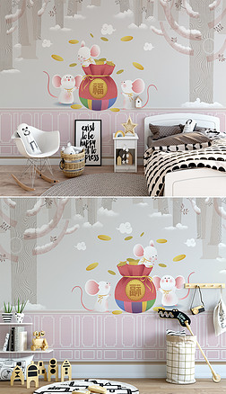 卡通素色森林风景发财树儿童房背景墙