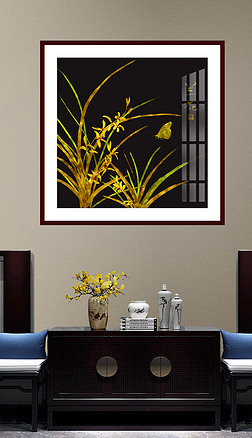 金兰花装饰画|手绘箔金工笔兰花新中式晶瓷画晶钻画