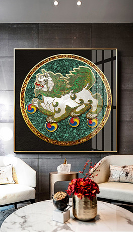 原创手绘佛教密宗雪狮子珐琅彩线条装饰画原创手绘佛教密宗唐卡雪狮子