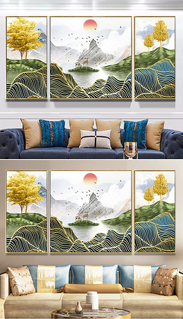 轻奢线条高山流水山水画新中式客厅装饰画