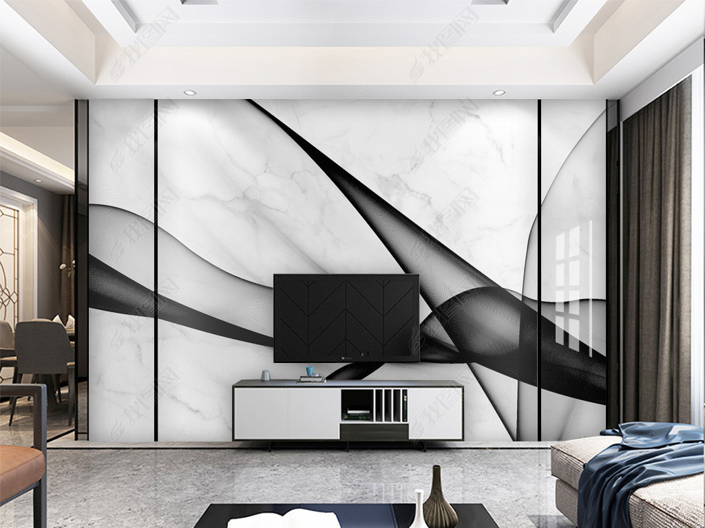 现代大气抽象水墨线条灰白大理石纹电视背景墙