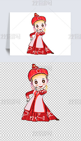 站立的少数民族卡通手绘蒙古族女孩元素素材