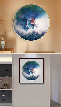 手绘金鱼年年有余圆形装饰画