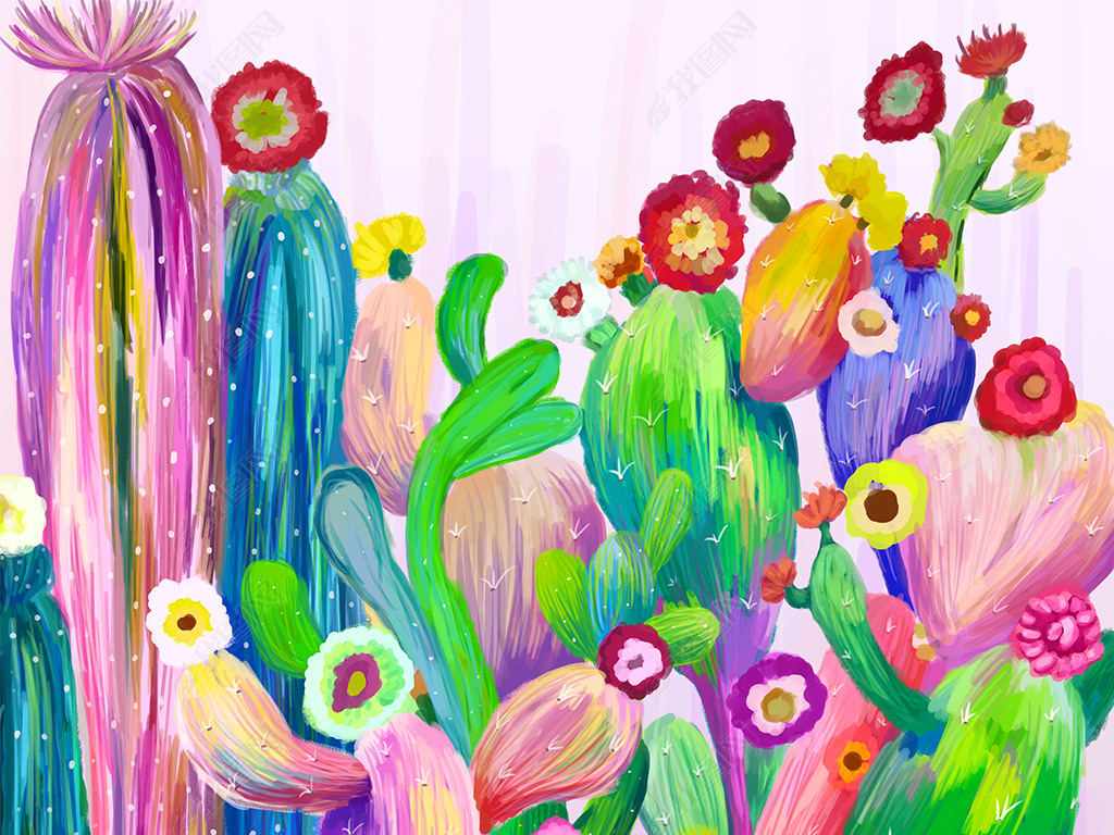 原创现代简约卡通儿童装饰画手绘彩色植物仙人掌版权可商用