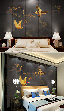 分层云背景墙|金色祥云仙鹤背景墙分层新中式国潮背景墙