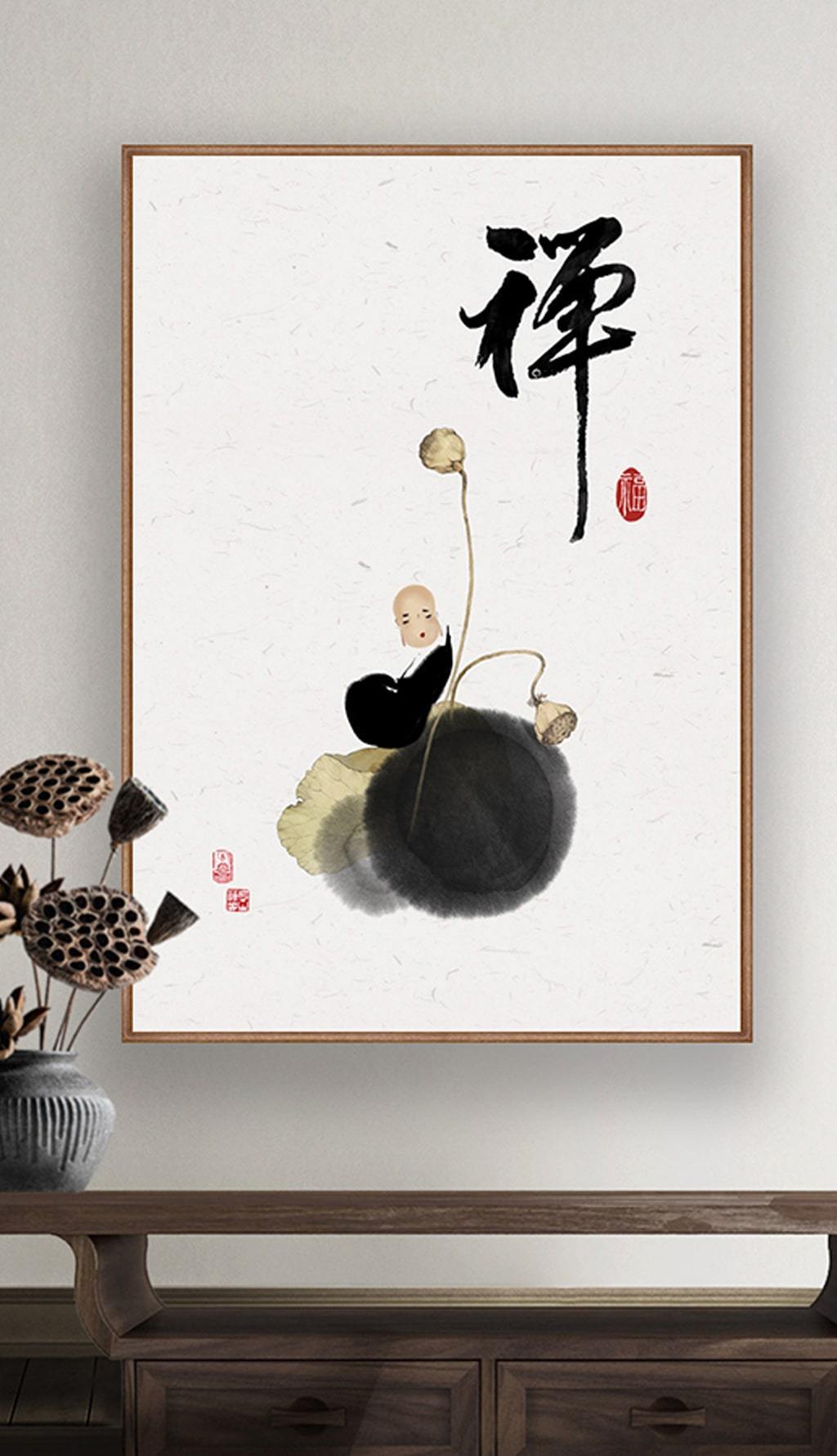 原创禅意小和尚荷叶图版权可商用