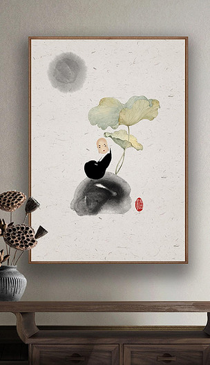 禅意荷叶小和尚中国风挂画