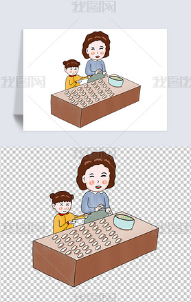 卡通手绘立冬时节春节元旦小女孩和妈妈一起包饺子