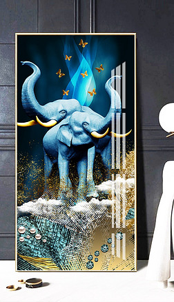 轻奢后现代羽毛金色线条大象装饰画玄关