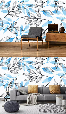 热带绿植手绘墙背景墙|北欧简约手绘热带树叶小清新卧室背景墙