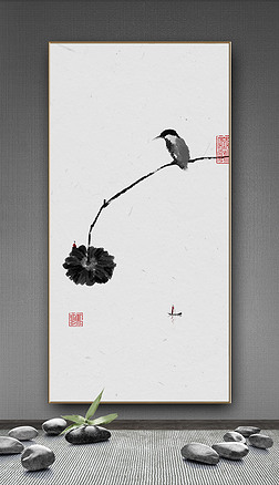 新中式写意极简禅意枯荷麻雀意境玄关装饰画