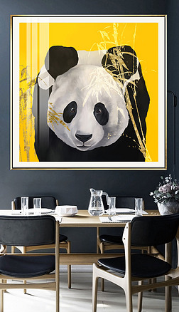 新中式现代手绘清新熊猫金色墨竹玄关客厅装饰画