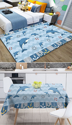 可爱卡通海洋风蓝色海豚地毯桌布设计图案