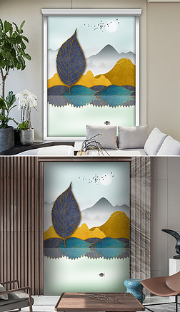 北欧抽象金色树叶山水风景画新中式窗帘门帘布艺图案