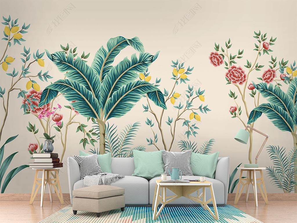 新中式植物花鸟工笔花鸟手绘背景墙装饰画