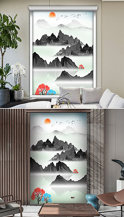卷帘背景墙家居图案|抽象水墨山水画新中式卷帘屏风窗帘门帘图案